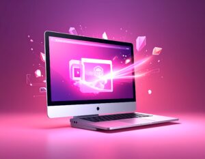 紫とピンク色の背景に置かれたノートパソコンのイラスト。画面からは力強い光が放たれ、周囲には幾何学的なオブジェクトが飛び交っており、テクノロジーの力強さやスピード感を表現している。