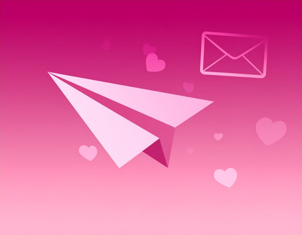 ピンク色のグラデーションを背景に、白い紙飛行機がメールの封筒アイコンに向かって飛んでいるイラスト。周囲には大小のハートが浮かんでおり、温かみのあるコミュニケーションを表現している。
