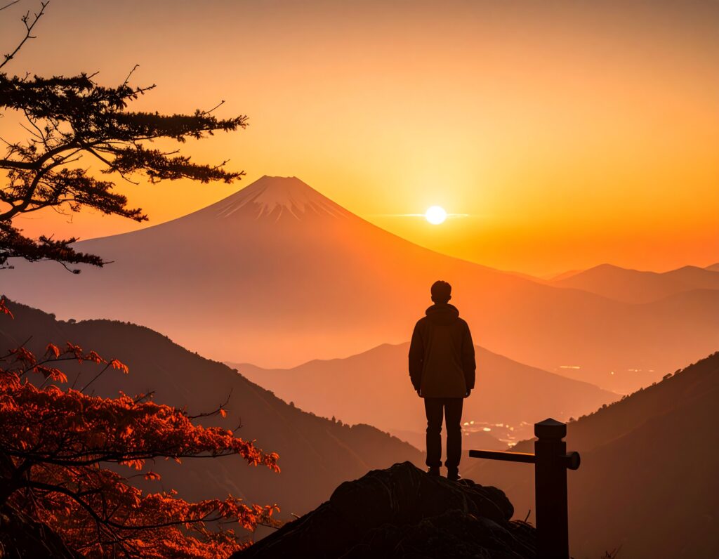 山の頂上から、日の出と富士山を一人静かに眺めている人物の後ろ姿。