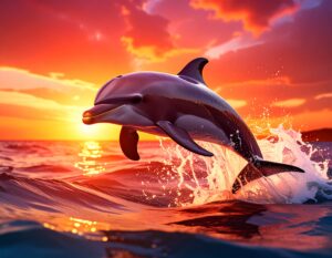 真っ赤な夕日に染まる海から、一頭のイルカがダイナミックにジャンプしている。黄金色の光がイルカの体を照らし、生命力と躍動感にあふれる美しい瞬間を捉えた写真。