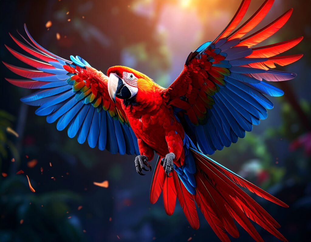 赤、青、黄色の鮮やかな羽を大きく広げ、森の中を優雅に飛んでいるコンゴウインコ。木漏れ日がその美しい姿を照らし、生命力と躍動感に満ちている。