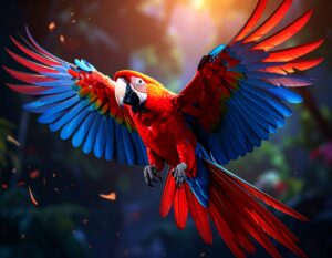 赤、青、黄色の鮮やかな羽を大きく広げ、森の中を優雅に飛んでいるコンゴウインコ。木漏れ日がその美しい姿を照らし、生命力と躍動感に満ちている。