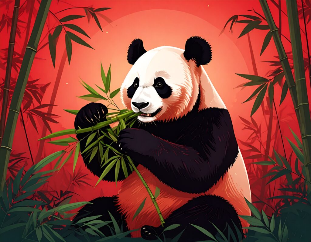 笹の葉を食べるパンダのイラスト。背景は赤い空と緑の竹林