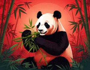 笹の葉を食べるパンダのイラスト。背景は赤い空と緑の竹林