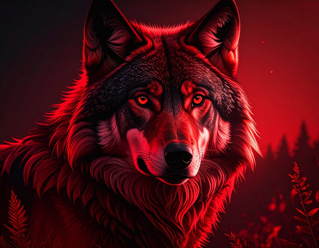赤い光に照らされた一匹の狼が、こちらをまっすぐ見つめている。目は赤く輝き、背景には夜の森が広がっている。力強さと孤高の雰囲気を象徴するイメージ。