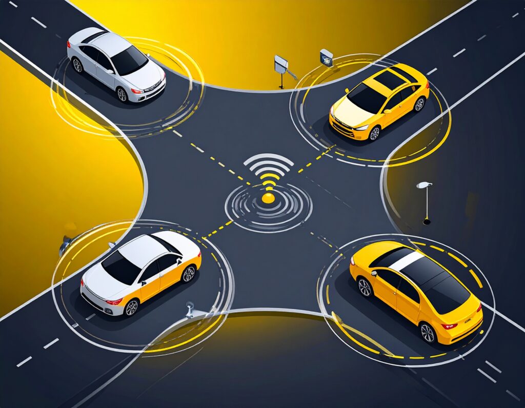 交差点で4台のコネクテッドカーが互いに通信し、安全に通行する様子を描いたイラスト。