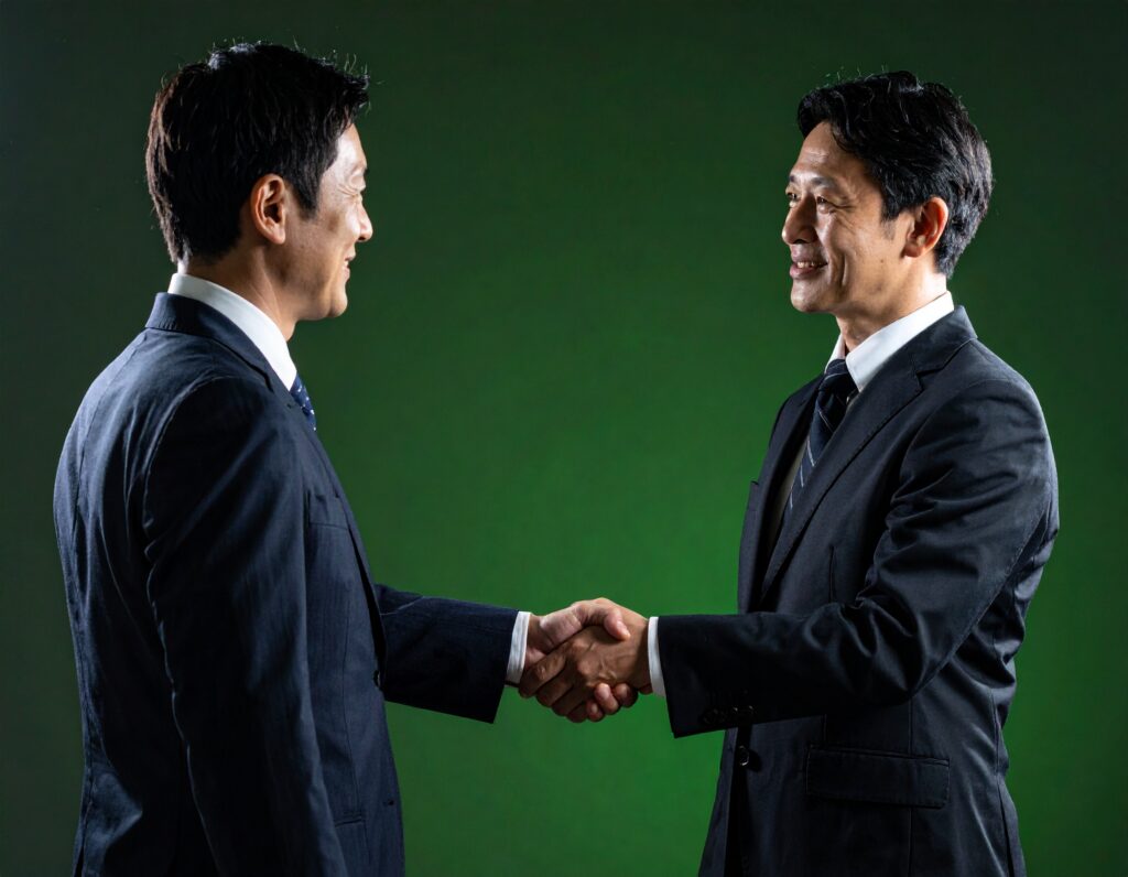 緑色の背景の前で、スーツを着用した2人のビジネスマンが、お互いにこやかな表情で向き合い、固い握手を交わしている。