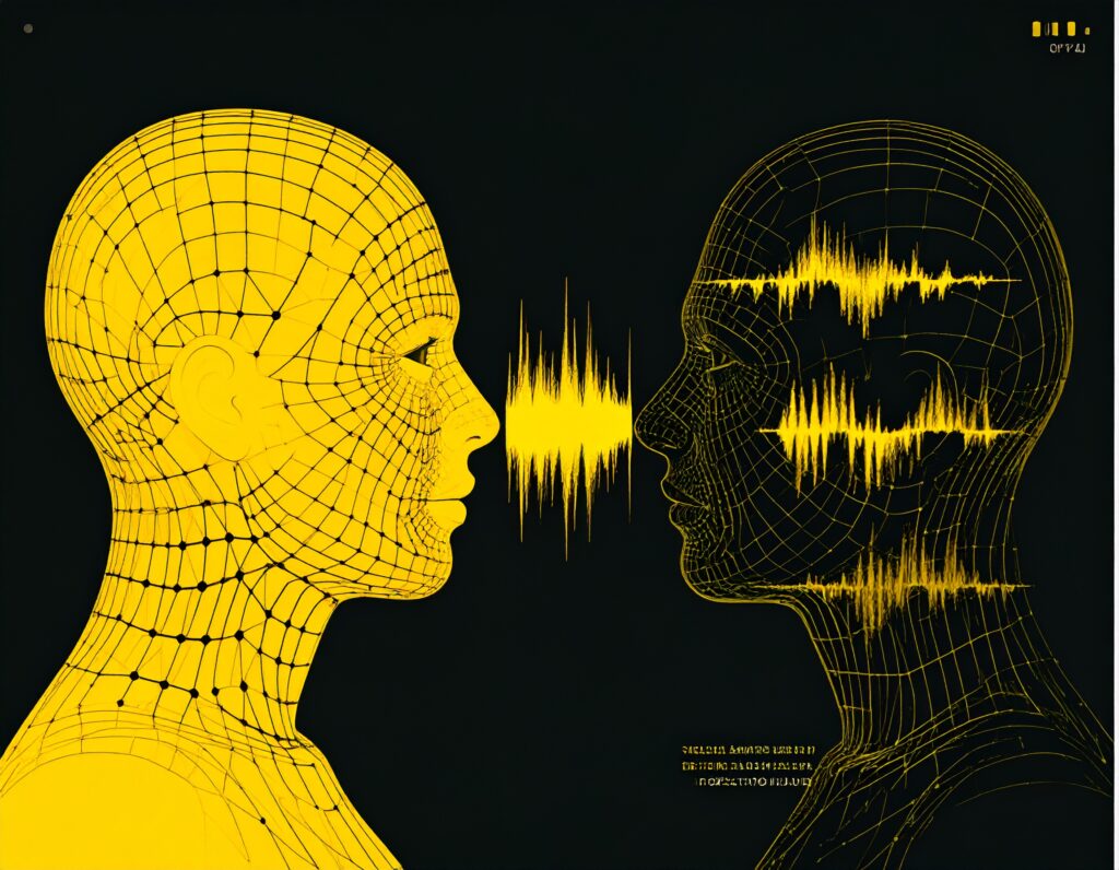 ワイヤーフレームで描かれた二人の人物が向き合っているイラスト。左の人物から右の人物に向かって、音声認識技術を象徴する黄色い音の波形が伝わっている。