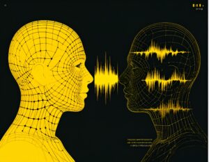 ワイヤーフレームで描かれた二人の人物が向き合っているイラスト。左の人物から右の人物に向かって、音声認識技術を象徴する黄色い音の波形が伝わっている。