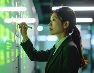 近代的なオフィスで、スーツ姿の女性がホワイトボードにペンで書き込みながら、真剣な表情で戦略を練っている様子。緑色の照明が知的な雰囲気を醸し出している。