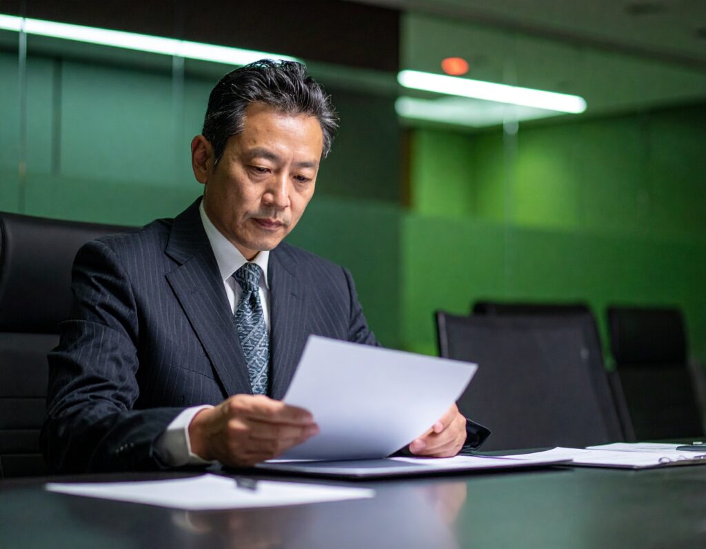 スーツ姿の中年男性が、会議室で真剣な表情で契約書などの書類を読んでいる様子。専門外の法務業務に頭を悩ませる中小企業の経営者をイメージさせる。
