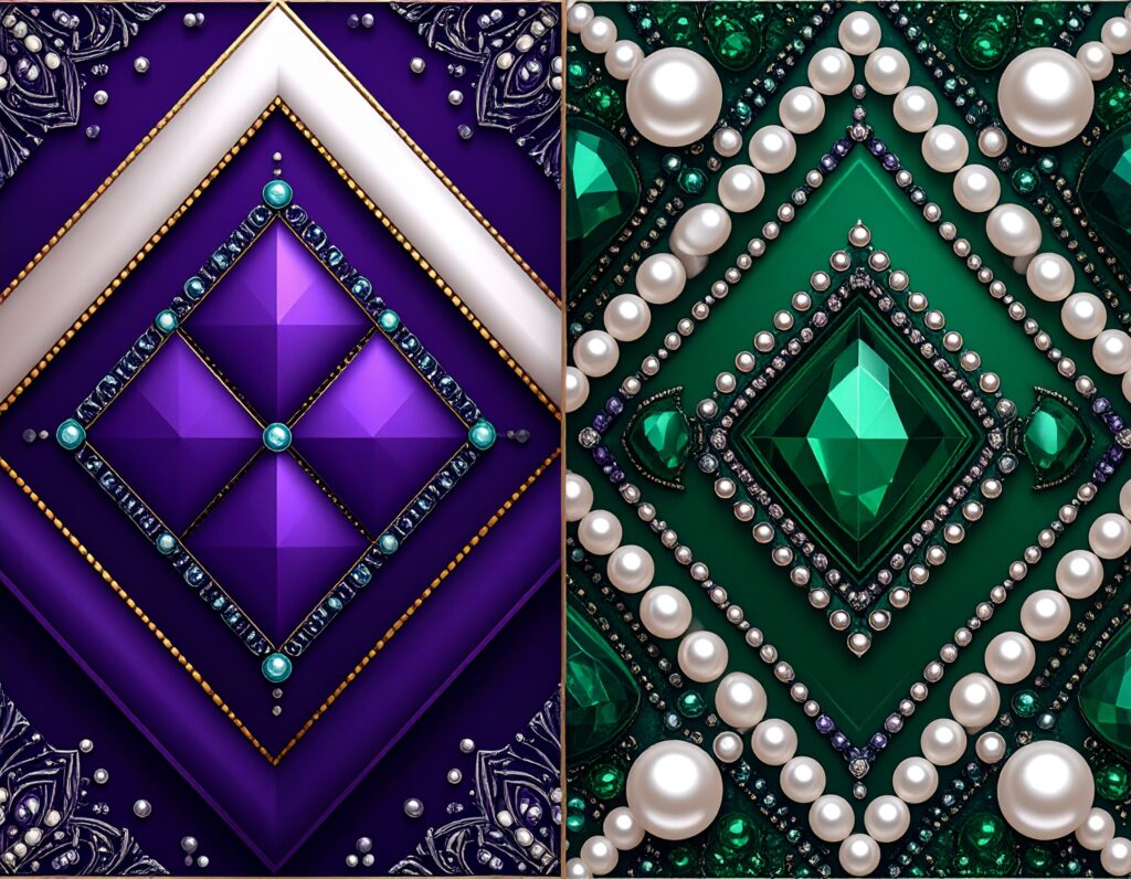 紫色の宝石と緑色の宝石をそれぞれ中心に配置した、2つの豪華で精巧な装飾デザイン。どちらも幾何学的なパターンで構成されており、「ツール型AI」と「エージェント型AI」という、似ているようで役割が異なる2種類のAIを象徴している。