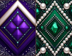 紫色の宝石と緑色の宝石をそれぞれ中心に配置した、2つの豪華で精巧な装飾デザイン。どちらも幾何学的なパターンで構成されており、「ツール型AI」と「エージェント型AI」という、似ているようで役割が異なる2種類のAIを象徴している。