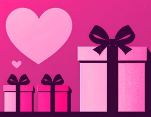 ピンク色の背景に、リボンのついたプレゼントボックスとハートマークが描かれたイラスト。顧客への感謝や、ファンになってもらうための特別な贈り物を象G徴している。