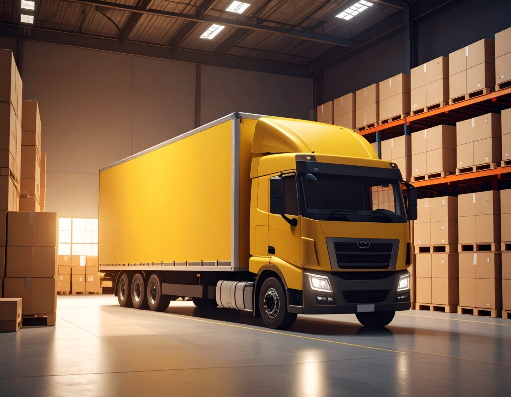 巨大な物流倉庫の中に停車している黄色の大型トラック。周りの棚には出荷を待つ段ボール箱がびっしりと積まれている。