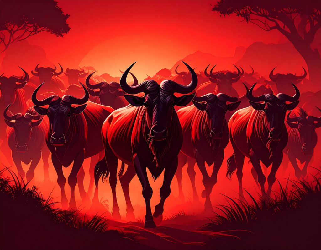 夕焼け（あるいは朝日）の赤い光の中を、一斉に前進するヌーの群れのイラスト。先頭の一頭を筆頭に、地響きを立てて力強く駆ける様子が描かれている。