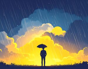 雨が降る中、傘をさして一人で立つ人物のシルエット。背景には、暗い雨雲と対照的に、太陽の光で黄色く明るく輝く雲が広がっている。