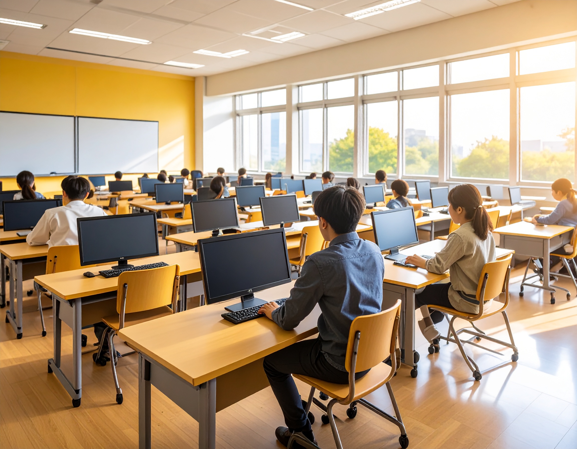 多くの学生がPCに向かい、AIやプログラミングを学習している教室の様子。