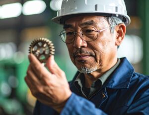 ヘルメットと作業着を着用したベテランの男性技術者が、金属製の歯車を手に取り、真剣な表情で品質を検査している