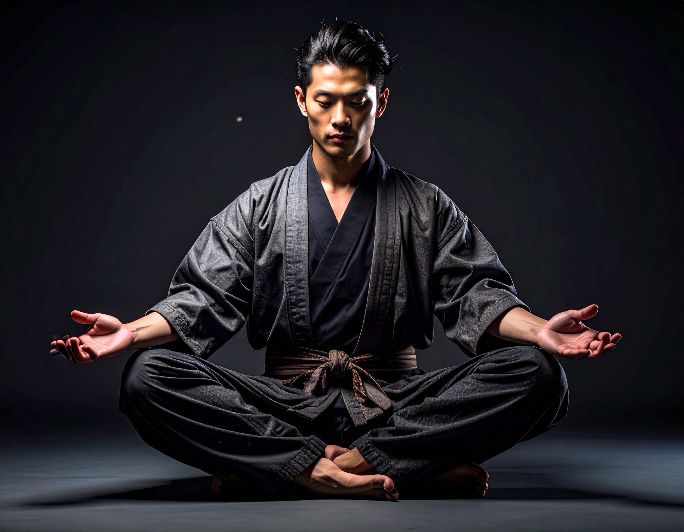 作務衣（さむえ）のような和装を着たアジア系の若い男性が、暗い背景の中で床にあぐらをかいて座り、瞑想している様子。両手は膝の上で手のひらを上に向け、目は静かに閉じられ、精神を集中させている。