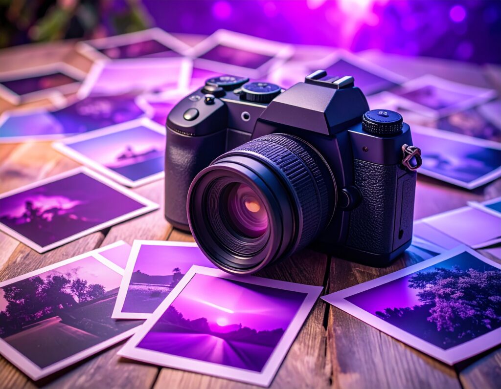 木製のテーブルの上に置かれた一眼レフカメラ。カメラの周りには、紫色の夕焼けなどが写った写真がたくさん散らばっている、芸術的なイメージ。