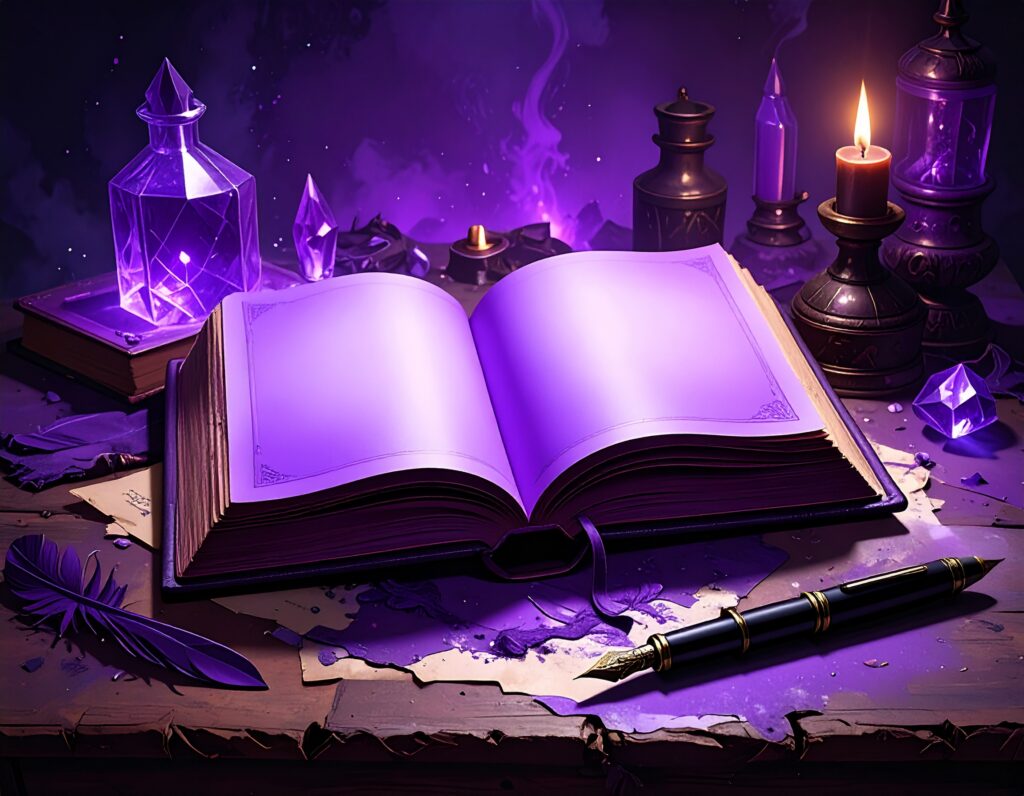 紫色の光を放つ空白のページが開かれた古い本が、ろうそくや水晶、インク瓶が置かれたアンティークな机の上に置かれている。手前には万年筆があり、神秘的で魔法のような雰囲気。
