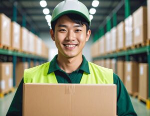 倉庫内で段ボール箱を抱え、笑顔を見せる若いアジア人男性。安全ヘルメットと蛍光ベストを着用しており、背景には段ボールが積まれた棚が並ぶ倉庫の様子が写っている。