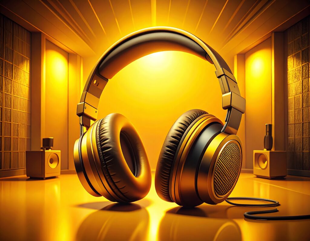 金色と黒でデザインされた、高級感のあるオーバーイヤーヘッドホン。暖かい光が満ちるオーディオルームのような空間に置かれており、高品質でパーソナライズされた音楽体験を想起させる。