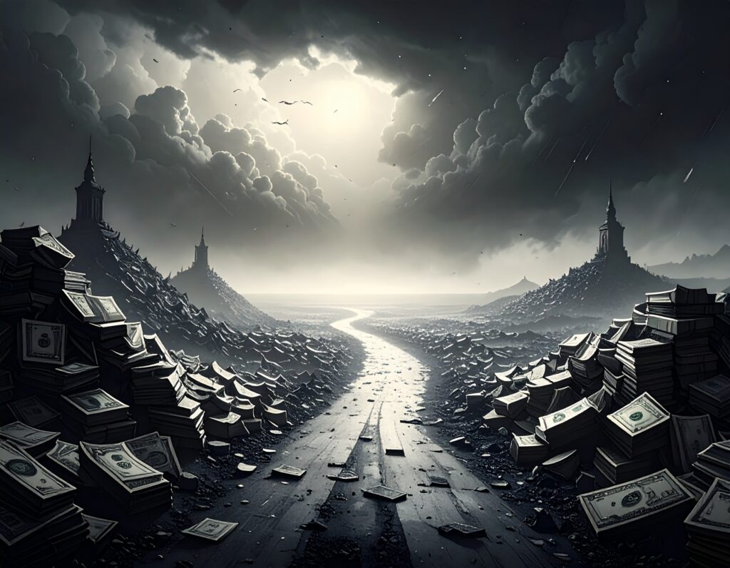 大量の札束が両脇に山と積まれた、荒涼とした道。道は嵐のような暗い空の先にある、地平線の微かな光に向かって続いている。富の空しさと、その先にある希望を象徴する幻想的な風景。