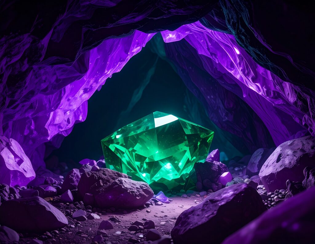 紫色の結晶に囲まれた暗い洞窟の中で、内部から明るく緑色に輝く巨大な多面体の宝石。周囲には粗い質感の岩が散らばっている。