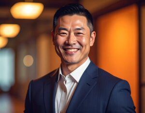 笑顔の男性のポートレート。濃い色のスーツに白いシャツを着ており、歯を見せて明るく笑っている。背景はオレンジ色や茶色のぼかしが入っている。