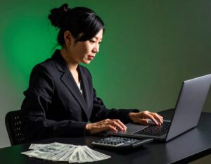 緑色の照明が当たる暗いオフィスで、スーツ姿の女性がノートパソコンを真剣な表情で見つめている。机の上には電卓と現金が置かれており、経理や財務の業務に集中している様子。