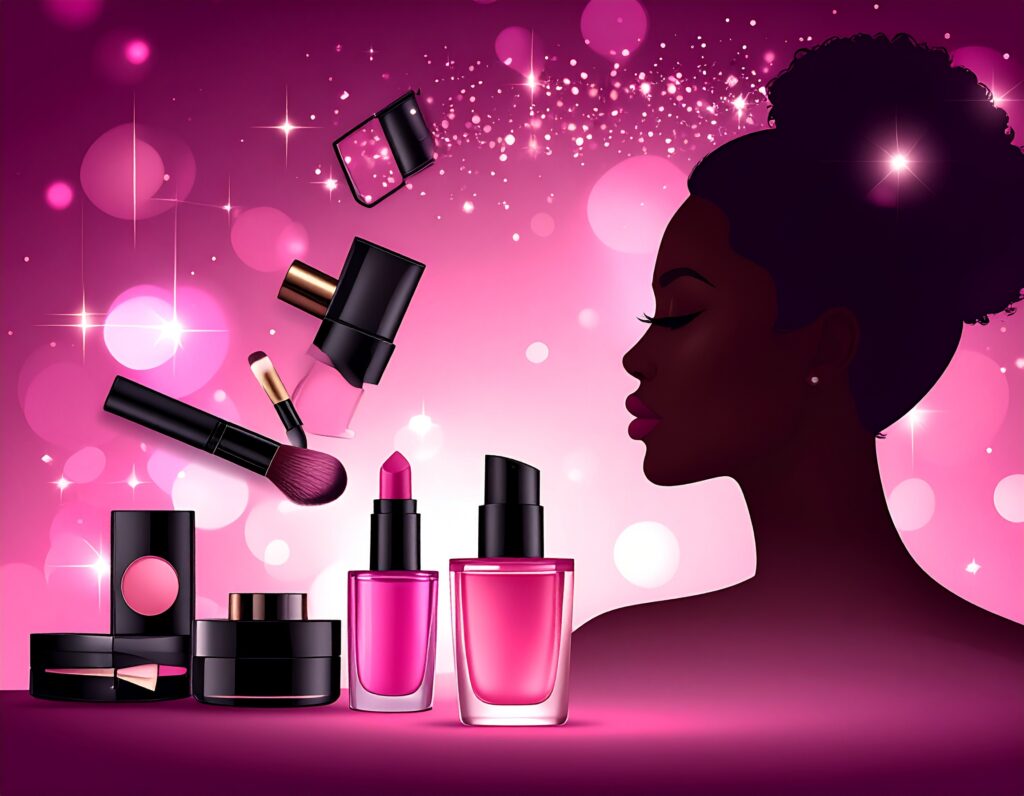 ピンクと紫を基調とした背景に、様々なコスメアイテム（ファンデーション、リップ、チーク、ブラシなど）が浮かび上がり、右側には横顔の女性のシルエットが配置された、華やかな印象のイラスト。