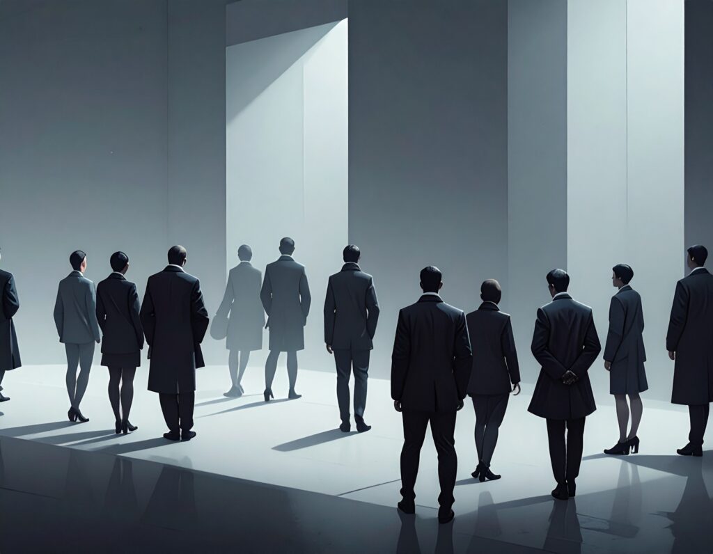 スーツを着た多くのビジネスパーソンが、光が差し込む白い抽象的な空間に立ち、未来の方向性を見つめている後姿。組織におけるキャリアや個人の進むべき道を示唆するイラスト。