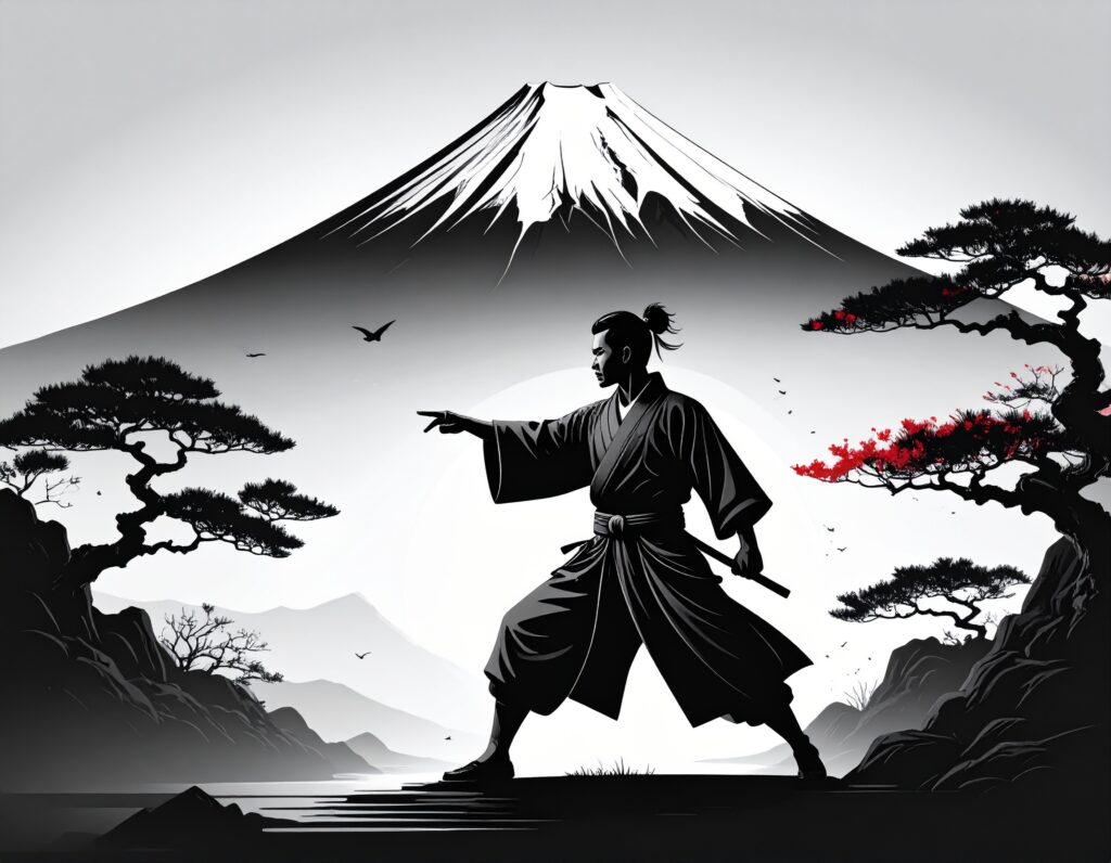 富士山を背に、腰を落として前方を指差す侍のイラスト。水墨画風の白黒のタッチで描かれ、木々の一部分に使われた赤色がアクセントになっている。