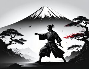 富士山を背に、腰を落として前方を指差す侍のイラスト。水墨画風の白黒のタッチで描かれ、木々の一部分に使われた赤色がアクセントになっている。