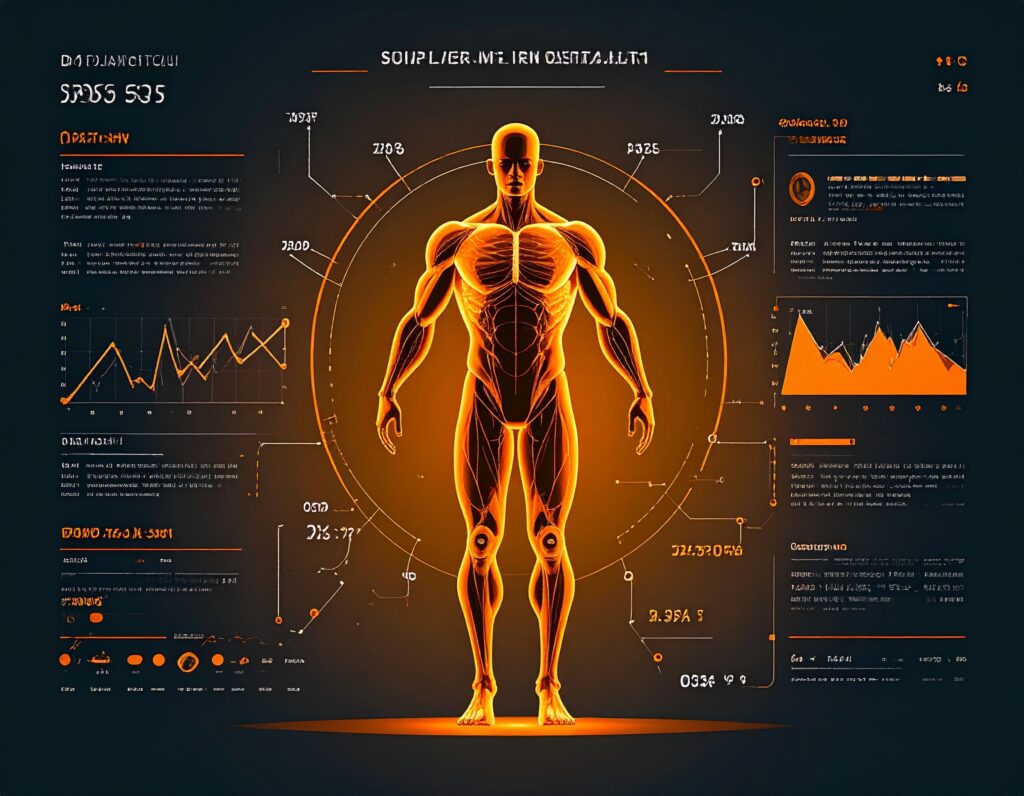 オレンジ色に光る筋肉質な人体が中央に描かれ、その周囲を未来的なグラフやデータが表示されたインターフェースが囲んでいる。AIが人体の構造やパフォーマンスをデータ分析している様子を表現したイラスト。