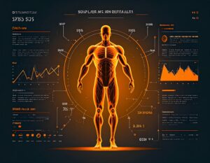 オレンジ色に光る筋肉質な人体が中央に描かれ、その周囲を未来的なグラフやデータが表示されたインターフェースが囲んでいる。AIが人体の構造やパフォーマンスをデータ分析している様子を表現したイラスト。