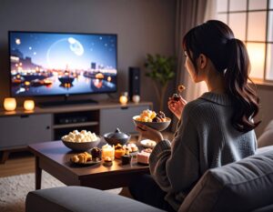 夜、自宅のリビングでたくさんのスイーツに囲まれながら、ソファに座ってテレビを見ている女性。リラックスした様子で自分だけの時間を楽しんでいる。