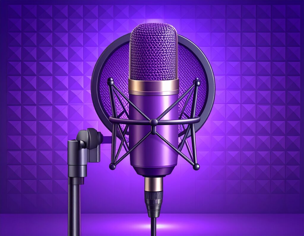紫色の防音壁を背景に、ショックマウントとポップガードが取り付けられた、プロ仕様のスタジオマイク。高品質な音声収録やナレーション制作のイメージ。