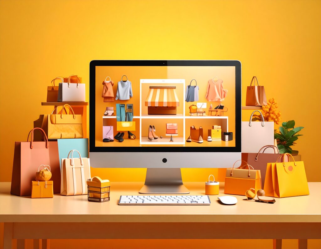 パソコンの画面に映るECサイトのトップページと、その周りに置かれたたくさんのカラフルなショッピングバッグ。オンラインショッピングの楽しさと便利さを象徴している。