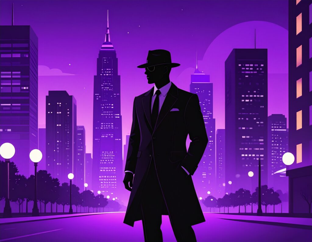 スーツとコート、帽子を身につけたエージェントのような男性のシルエット。背景には、紫色の空と光り輝く高層ビルが立ち並ぶ夜の都会が描かれている。