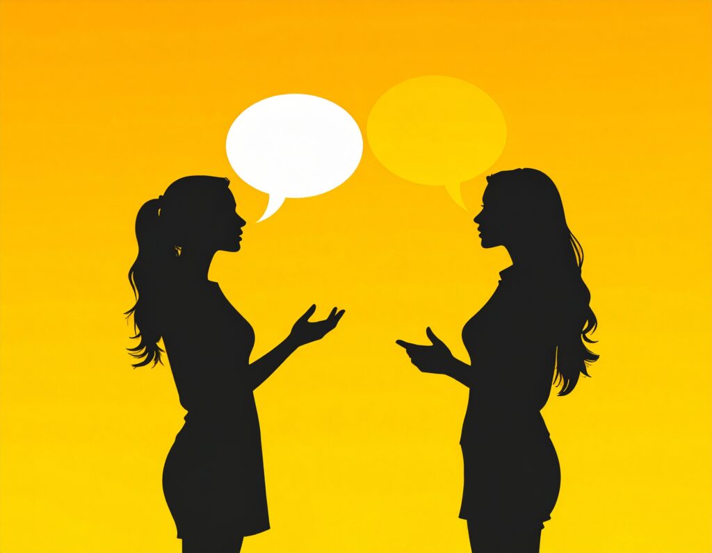 黄色い背景の前で、二人の女性が向き合って会話しているシルエット。それぞれの頭上には、対話を表す吹き出しがある。