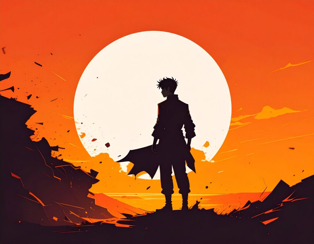 夕日、あるいは大きな満月を背景に、荒野の崖に一人で立つアニメ風の男性のシルエット。未来を見据え、新たな挑戦や冒険の始まりを象徴している力強いイラスト。