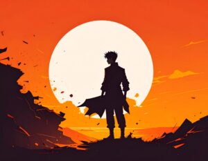 夕日、あるいは大きな満月を背景に、荒野の崖に一人で立つアニメ風の男性のシルエット。未来を見据え、新たな挑戦や冒険の始まりを象徴している力強いイラスト。