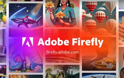 Adobe Fireflyのロゴと、AIによって生成された宇宙を泳ぐサメやドラゴンなど様々な画像のコラージュ。