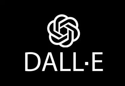 黒い背景に白で表示された、画像生成AI「DALL-E」の公式ロゴ。上部に六角形が重なり合ったような図形ロゴマーク、その下に「DALL·E」という文字が配置されている。